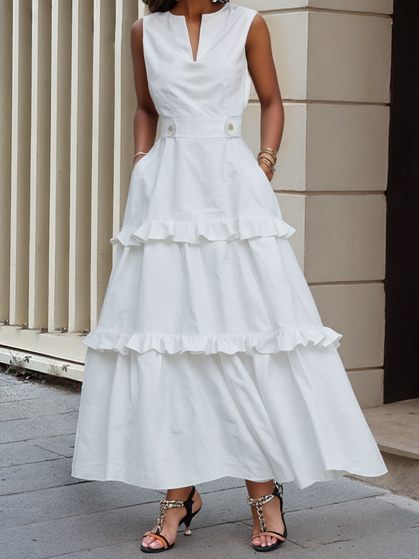 A-Line High Waisted Buttoned Pleated Pockets Solid Color Split-Joint V-Neck Maxi Dresses