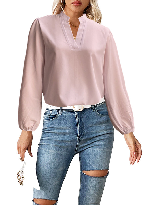 Elasticity Solid Color Long Sleeves Loose Stand Collar Blouses&Shirts Tops