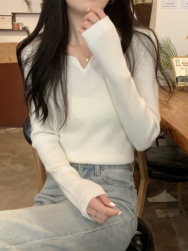 Colorful Solid Color Long Sleeves Skinny V-neck Sweater Tops Pullovers Knitwear
