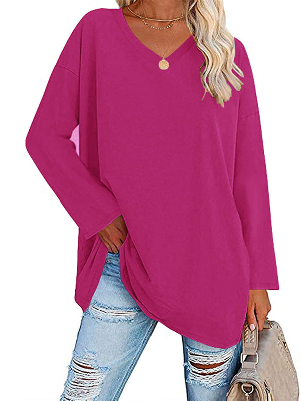 See-Through Solid Color Split-Joint Long Sleeves Loose V-neck T-shirts