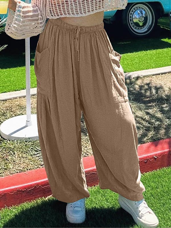 Drawstring Elasticity Pleated Pockets Solid Color High Waisted Loose Trousers Ninth Pants