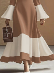 Contrast Color Pleated Split-Joint Flared Sleeves High Waisted Mock Neck Maxi Dresses