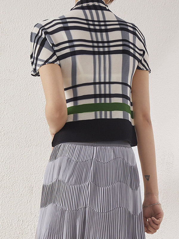 Contrast Color Pleated Short Sleeves Mock Neck T-Shirts Tops