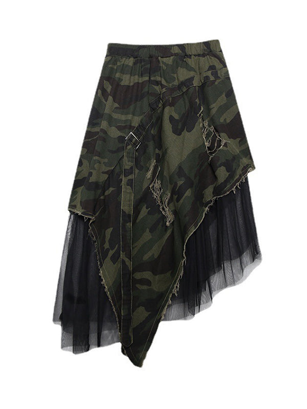 Asymmetric Camouflage Elasticity Fringed Mesh Split-Joint A-Line Loose Skirts Bottoms