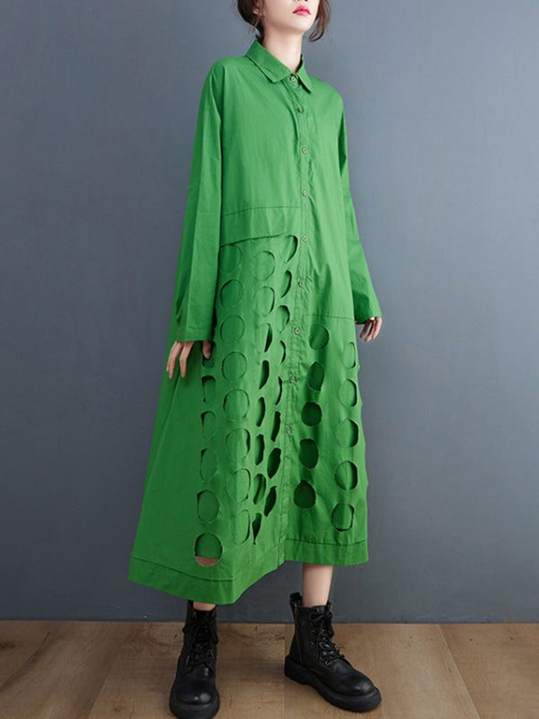 Asymmetric Hollow Polka-Dot Solid Color A-Line Long Sleeves Lapel Midi Dresses