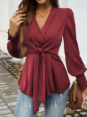 Elasticity Knot Solid Color Long Sleeves Loose V-Neck Blouses&Shirts Tops