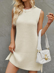 Solid Color Split-Side Tied Waist A-Line Loose Round-Neck Sweater Dresses Mini Dresses