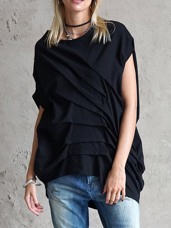 Pleated Solid Color High-low Loose Round-neck T-Shirts Tops