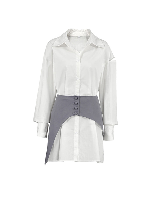 Buttoned Hollow Waistband High Waisted Long Sleeves Lapel Blouses&Shirts Tops