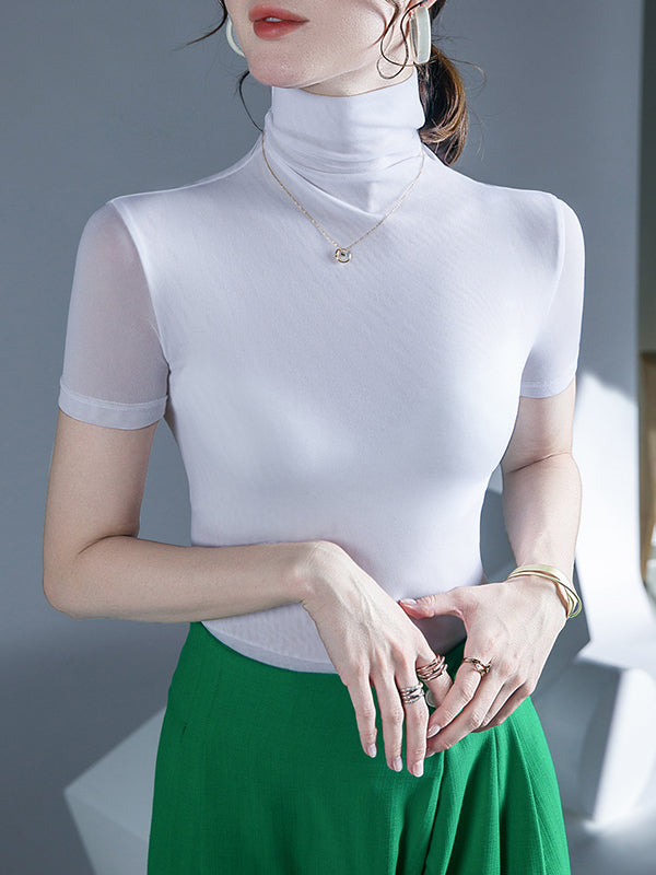 Solid Color Half Sleeves Skinny High Neck T-Shirts Tops