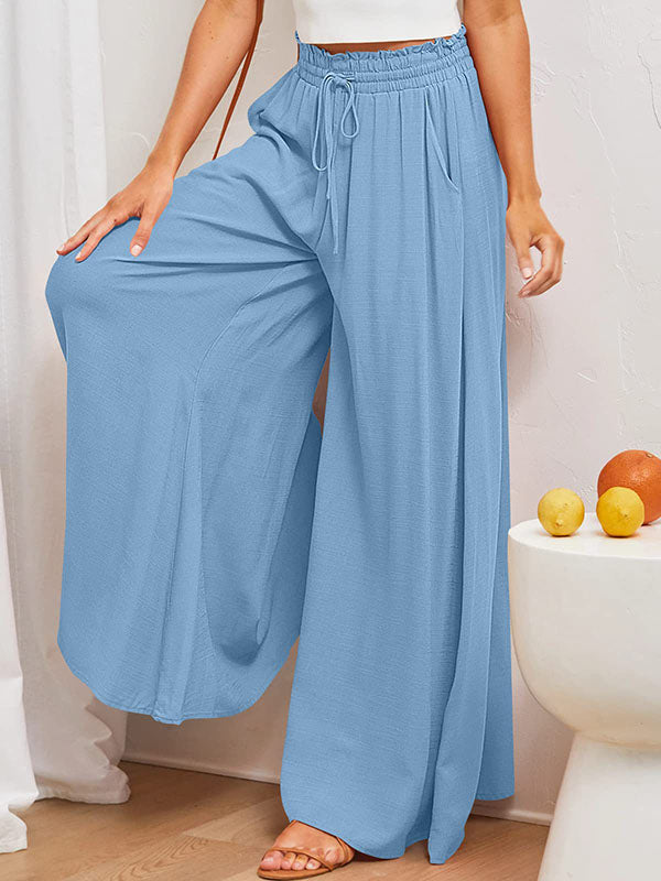 Drawstring Elasticity Pockets Solid Color High Waisted Loose Trousers Pants