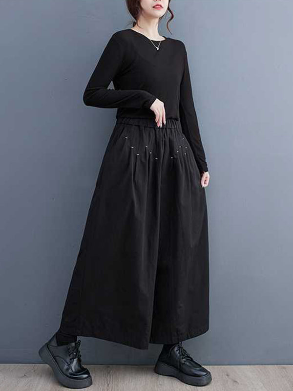 Elasticity Embroidered Pleated Loose Wide Leg Trousers Ninth Pants