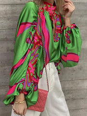 Pleated Printed Split-Joint Long Sleeves Loose Stand Collar Blouses