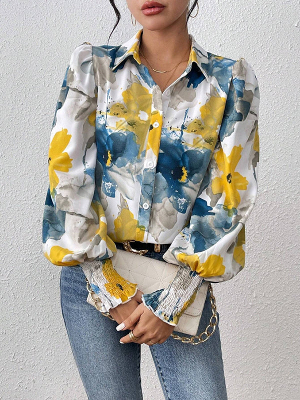 Buttoned Elasticity Flower Print Pleated Long Sleeves Loose Lapel Blouses&Shirts Tops