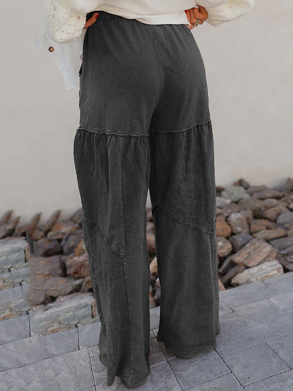Drawstring Pleated Pockets Solid Color Split-Joint High Waisted Loose Trousers Pants
