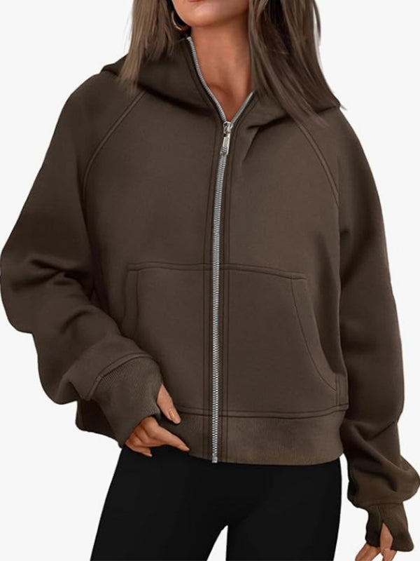 Pockets Solid Color Zipper Hooded Long Sleeves Outerwear Jackets