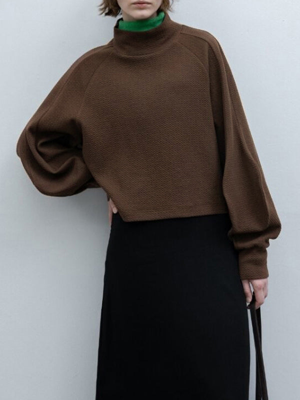 Solid Color Split-Joint Loose Puff Sleeves High Neck Sweatshirt Tops