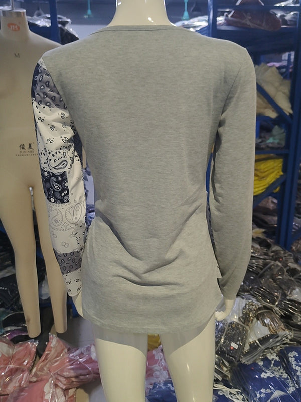 Asymmetric Buckle Contrast Color Pleated Split-Joint Irregularity Long Sleeves Round-Neck T-Shirts Tops