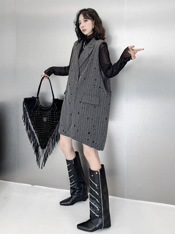 Striped Loose Sleeveless Lapel Vest Top