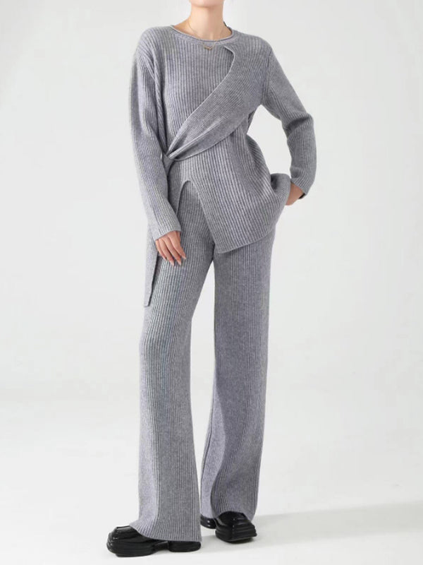 Loose Asymmetric Solid Color Long Sleeves Split-Front Round-Neck Sweater Top + Pants Bottom Two Pieces Set