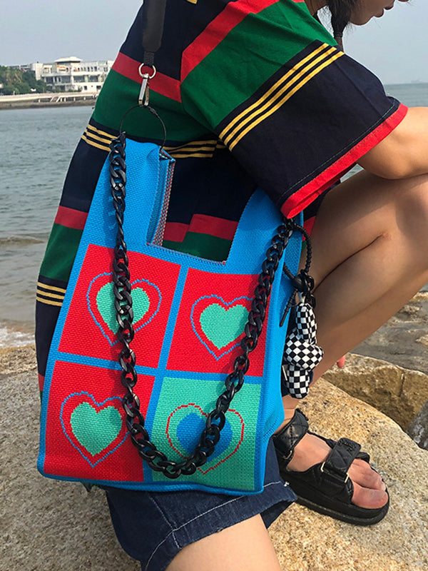 Chains Color-Block Contrast Color Heart Print Woven Shoulder Bags Handbags