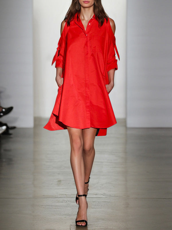 Solid Color Split-Joint Loose Cold shoulder Shirt Dress Mini Dresses