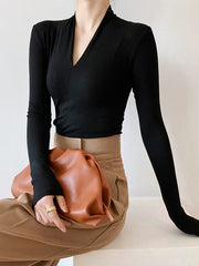 Solid Color Long Sleeves Skinny V-Neck T-Shirts Tops