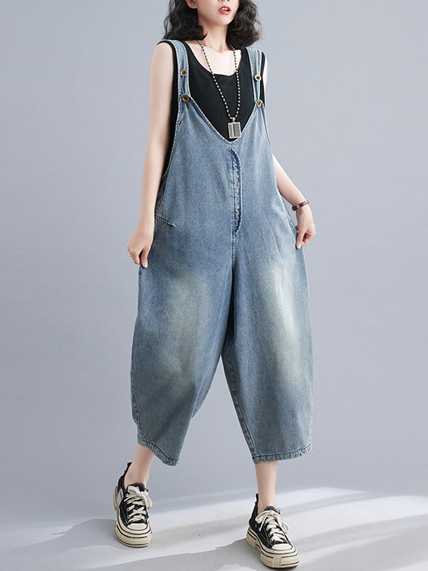 Buttoned Cropped Loose Denim Overalls