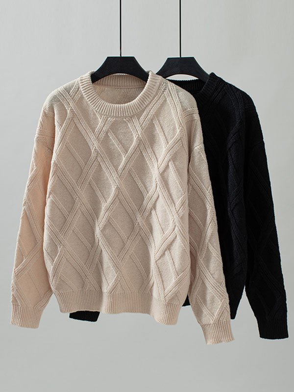 Solid Color Split-Joint Long Sleeves Loose Round-Neck Sweater Tops Pullovers