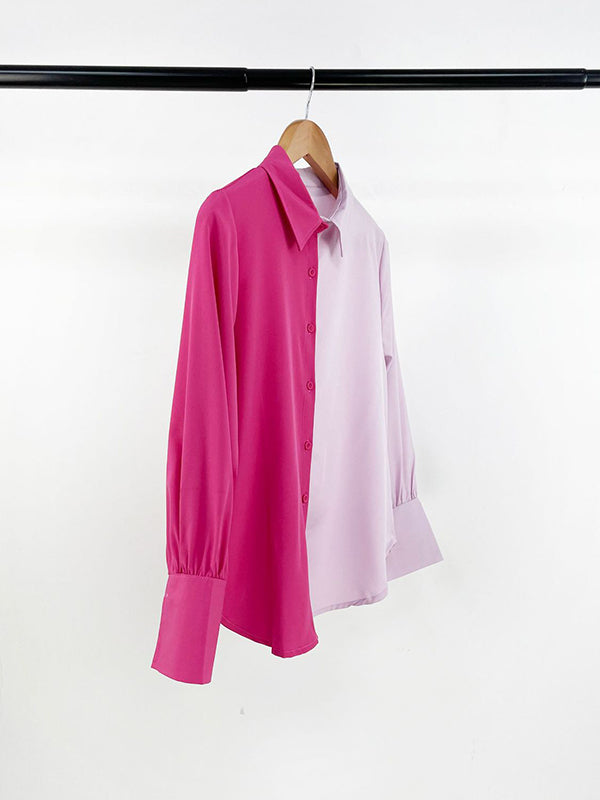 Buttoned Contrast Color Long Sleeves Loose Lapel Blouses&Shirts Tops