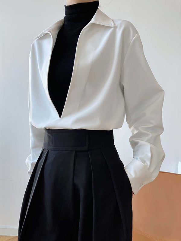 Solid Color Long Sleeves Loose Lapel Blouses