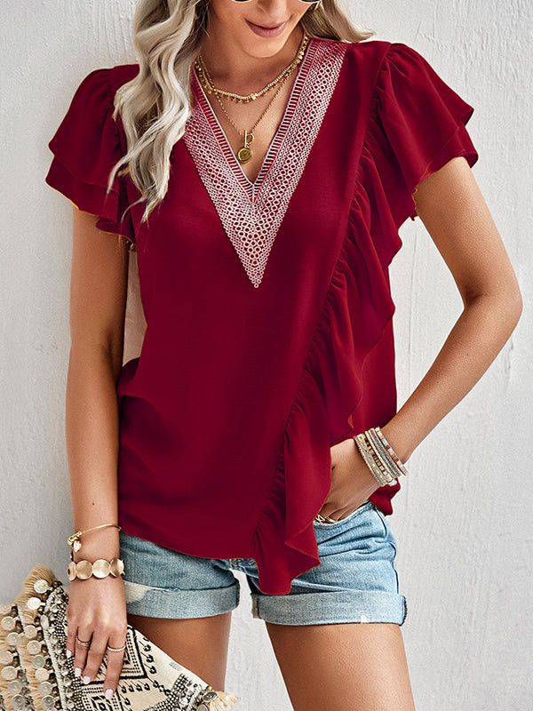 Applique Split-Joint Loose Short Sleeves V-Neck T-Shirts Tops