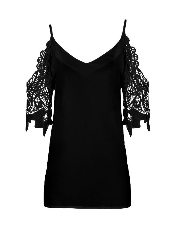 Hollow Solid Color Split-Joint Half Sleeves Loose Cold Shoulder T-Shirts Tops
