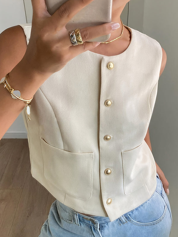 Buttoned Pockets Split-Joint Loose Sleeveless Round-Neck Vest Top