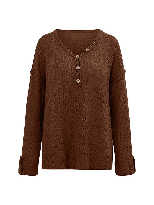 Buttoned Split-Side Long Sleeves Loose V-Neck Sweater Tops Pullovers