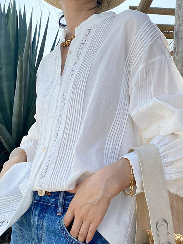Buttoned Pleated Solid Color Split-Joint Long Sleeves Loose Stand Collar Blouses&Shirts Tops