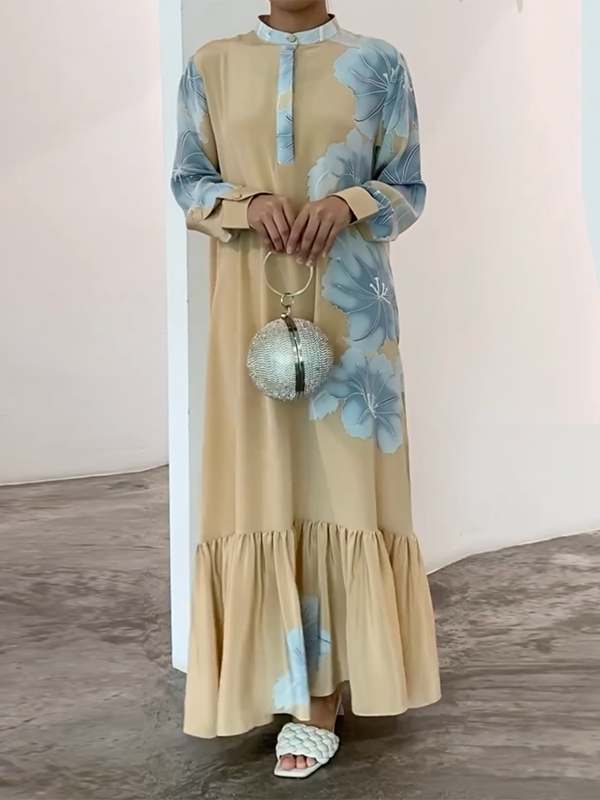 Long Sleeves Puff Sleeves Printed Stand Collar Maxi Dresses