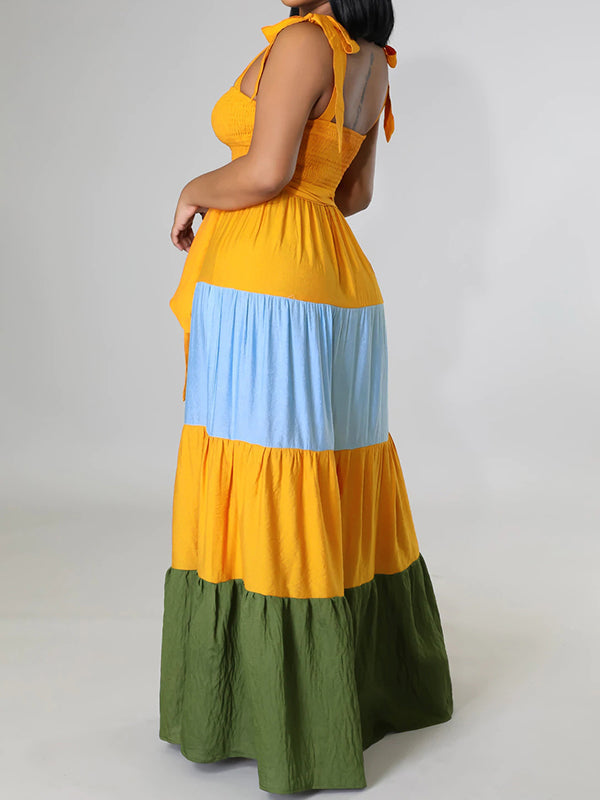 Contrast Color Ribbed Loose Sleeveless Collarless Maxi Dresses