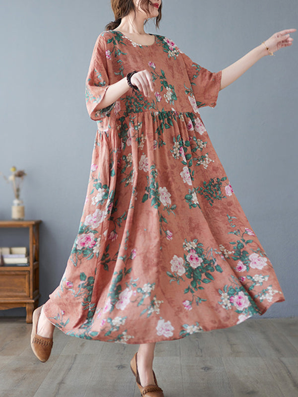 Artistic Retro Loose Original Floral Printed Pleated Midi Dress