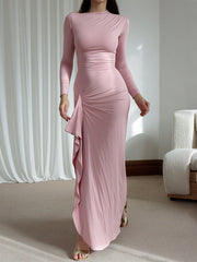Asymmetric Pleated Ruffled Solid Color Split-Joint Bodycon High Waisted Round-Neck Maxi Dresses