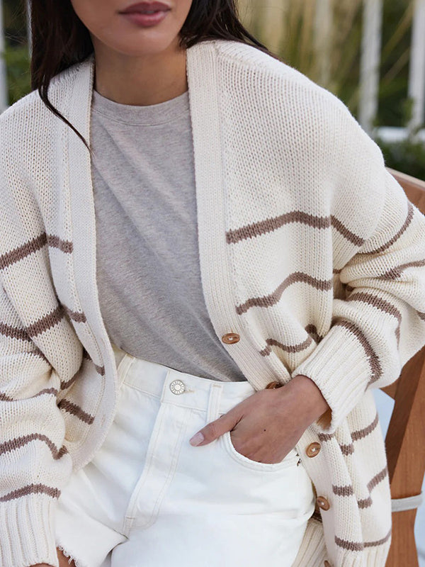Split-Joint Striped Long Sleeves Loose V-neck Cardigan Tops