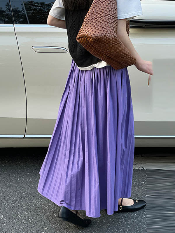 Elasticity Pleated Solid Color A-Line High Waisted Skirts