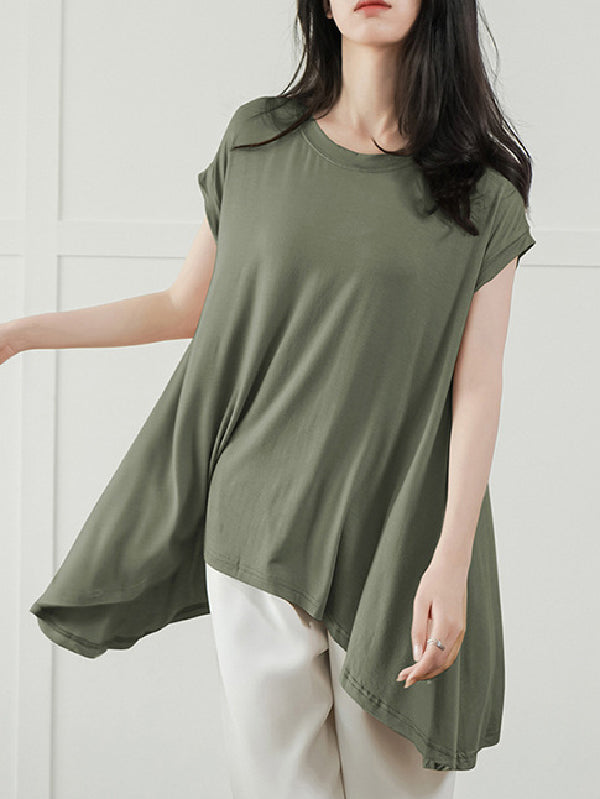 Asymmetric Solid Color High-Low Loose Round-Neck T-Shirts Tops