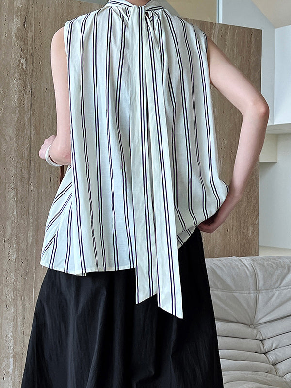 Lace-Up Pleated Split-Joint Streamer Striped Loose Sleeveless Stand Collar Vest Top