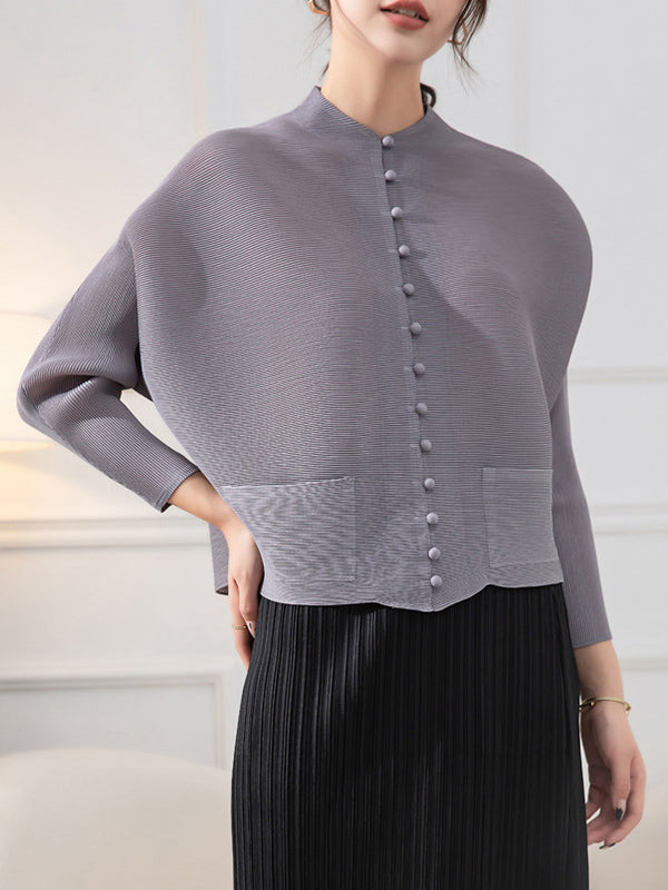 Buttoned Pleated Pockets Solid Color Long Sleeves Loose Round-Neck Outerwear