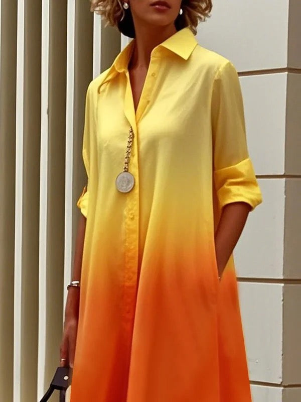 Long Sleeves Loose Buttoned Contrast Color Gradient Lapel Midi Dresses Shirt Dress