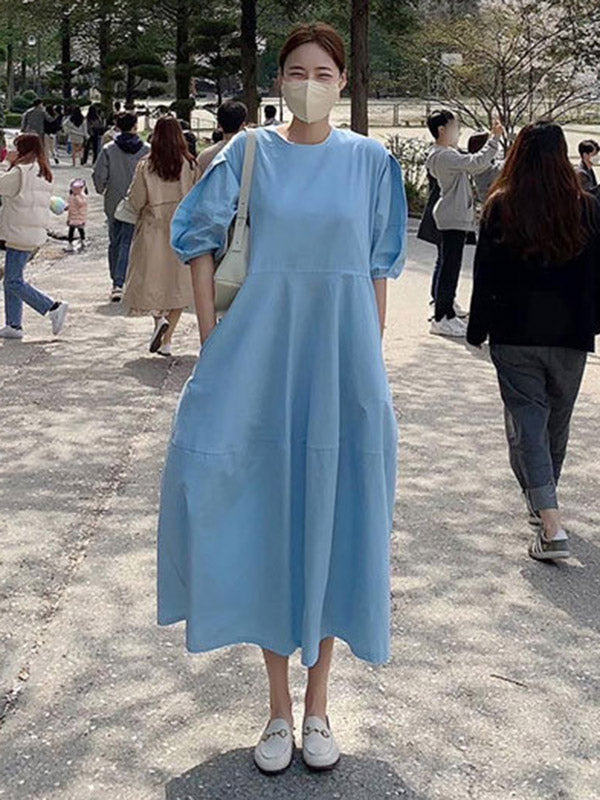 Casual Round-Neck Bishop Sleeve Loose Solid Color Midi Dress