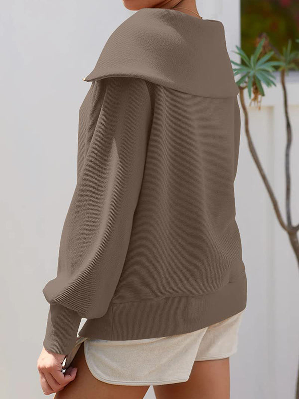 Solid Color Zipper Long Sleeves Loose Lapel Sweatshirt Tops