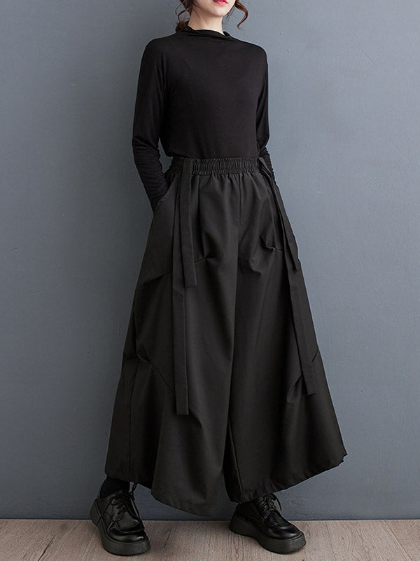 Elasticity Pleated Solid Color Split-Joint Streamer High Waisted Wide Leg Pants