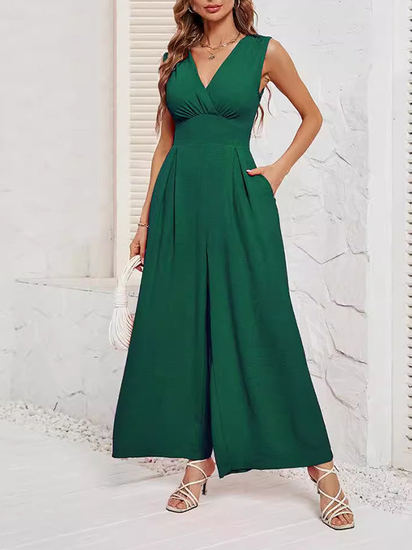 Pleated Solid Color Split-Joint Loose Sleeveless V-neck Jumpsuits